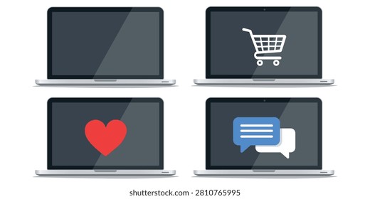 Laptop icon collection displaying ecommerce, shopping cart, messaging, and favorite symbols in modern styles for online business, digital communication, website interfaces, and technology design resources.