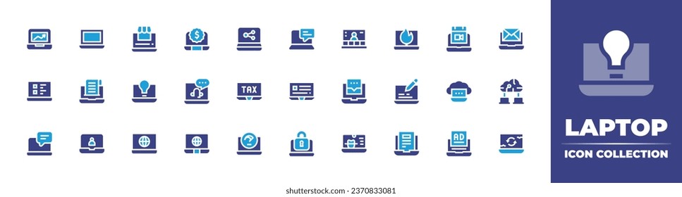 Laptop icon collection. Duotone color. Vector illustration. Containing laptop, calendar, cloud computing, ad, email, network, recycling, online money, chat, internet, online store, idea, computer.
