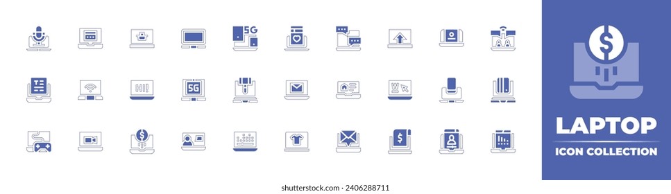 Laptop icon collection. Duotone color. Vector and transparent illustration. Containing podcast, social media, typography, email, video game, flash sale, laptop, 5g, compatibility, virtual class, vlog.