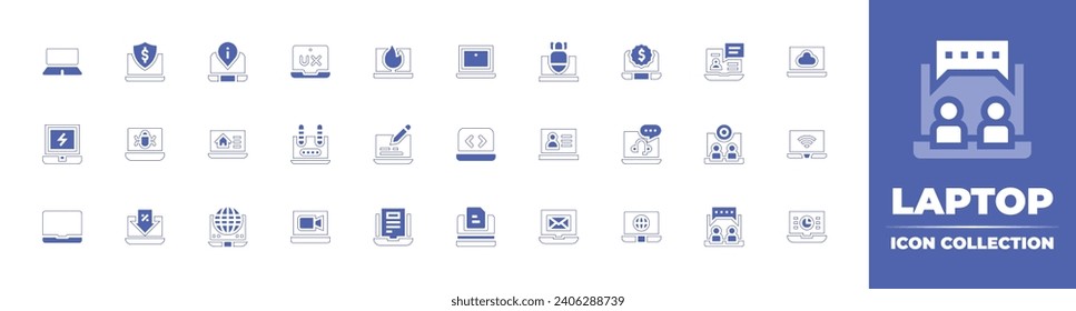 Laptop icon collection. Duotone color. Vector and transparent illustration. Containing laptop, laptop code, user experience, online review, worm, videocall, online chat, information, online money.