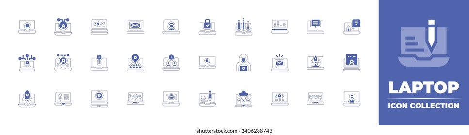 Laptop icon collection. Duotone color. Vector and transparent illustration. Containing laptop, online advertising, music, computer, email, video player, costumer service, lecture, video conference.