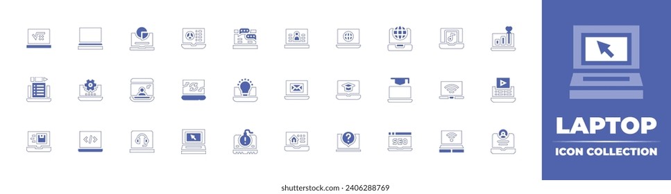 Laptop icon collection. Duotone color. Vector and transparent illustration. Containing laptop, pie chart, internet, video conference, training, customer service, seo and web, chat, statistics, idea.
