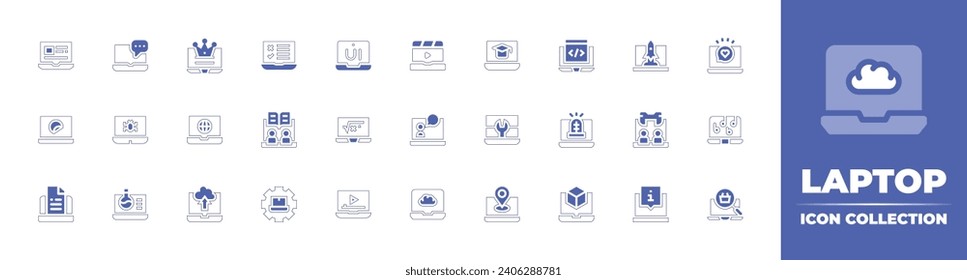 Laptop icon collection. Duotone color. Vector and transparent illustration. Containing laptop, online survey, startup, virtual event, computer, info, premium, code, internet, alert, upload, d modeling