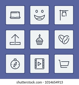 Laptop icon with compass, coffee and cart editable symbols. Set of data transfer, arrow, cocoa icons and computer concept. Editable vector elements for logo app UI design.