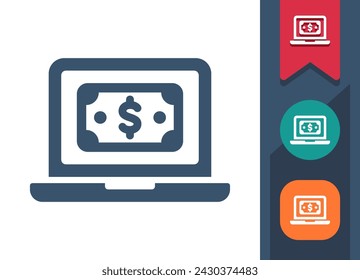 Laptop Icon. Computer, Cash, Bill, Money, Dollar, Online Shopping, E-commerce. Professional, pixel perfect vector icon.