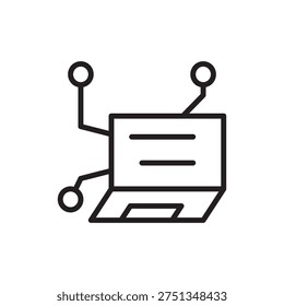 Laptop icon connected to a digital network grid. Minimalist vector illustration represents computer programming, data systems, cloud computing, and information technology in a clean line art style.