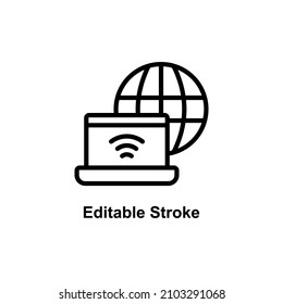 laptop icon decorated with browser icon and designed in outline style in editable strokes for telecommunications icon theme