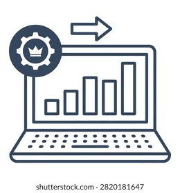 Laptop icon displaying a rising bar chart with a crown gear symbol and arrow. Represents business success, management, and technology.