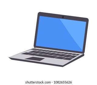 Laptop icon, electronic device vector Illustration modern computer isolated on white with blue screen, mobile work station notebook for distant job