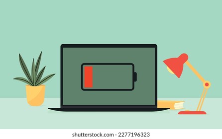 Icono de portátil con una batería vacía en la pantalla, ilustración vectorial plana en un bonito fondo, para centros de servicio, reemplazo de batería, necesidad de carga
