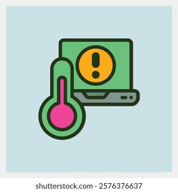 Laptop icon with an exclamation point and a thermometer icon showing overheating