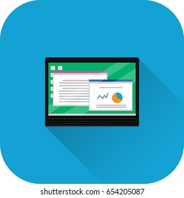 Laptop icon. Flat design with long shadow. Notebook isolated on blue background. Vector illustration.