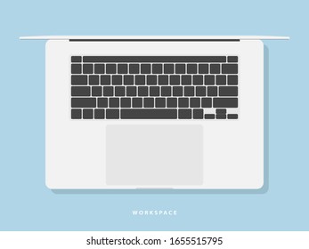 laptop icon in flat design style with touchpad and keyboard top view with shadow on blue background. notebook mockup. stock vector illustration