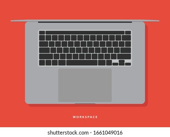 laptop icon in flat design style with touchpad and keyboard top view with shadow on red background. notebook mockup. stock vector illustration