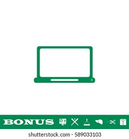 Laptop icon flat. Green pictogram on white background. Vector illustration symbol and bonus button