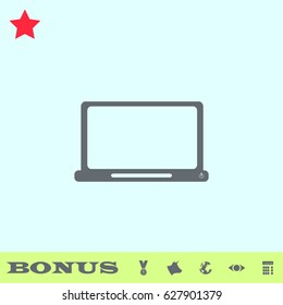 Laptop icon flat. Grey pictogram on blue background. Vector illustration symbol and bonus buttons medal, cow, earth, eye, calculator