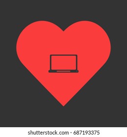Laptop icon flat. Simple pictogram on heart background. Vector illustration symbol