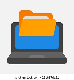 Icono de portátil en estilo plano sobre carpetas, uso para presentación de aplicaciones móviles del sitio web