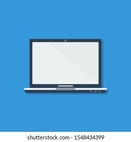 Laptop icon in flat style with blank screen and blue background. Eps 10 vector illustration