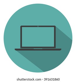 Laptop icon flat style with shadow on a green background, vector illustration