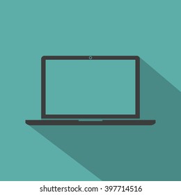 Laptop icon flat style with shadow on a green  background, vector illustration for web design