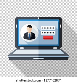 Laptop icon in flat style with user login form on the screen and long shadow on transparent background