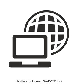 laptop icon, globe symbol with internet, flat vector illustration isolated on white background