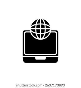 laptop icon with a globe symbol on it, representing internet connectivity, global network, or online access, ideal for topics related to technology, communications, internet, or digital business