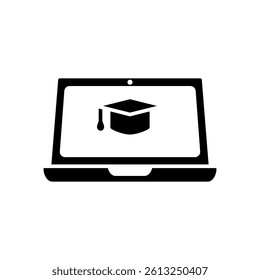 laptop icon with graduation cap, online learning icon, e-learning, simple flat style, illustration, logo sign symbol pictogram template, for ui or ux isolated on white for mobile app, editable