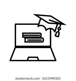 laptop icon with graduation cap, online learning icon, e-learning, simple flat style, illustration, logo sign symbol pictogram template, for ui or ux isolated on white for mobile app, editable