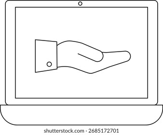 Laptop-Symbol und Handsymbol nach unten auf weißem Hintergrund.mit schwarzen Linien