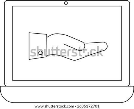 laptop icon and hand icon down with white background.with black lines