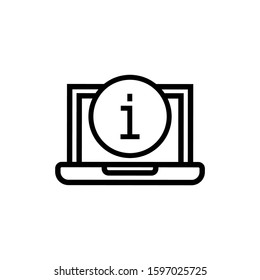Laptop icon with information sign in lineart style on white background, Notebook icon and about, faq, help, hint symbol 