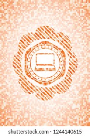 laptop icon inside abstract emblem, orange mosaic background