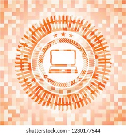 laptop icon inside abstract orange mosaic emblem