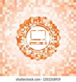 laptop icon inside abstract orange mosaic emblem with background