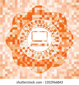 laptop icon inside abstract orange mosaic emblem with background