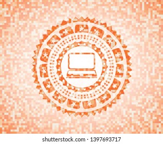 laptop icon inside abstract orange mosaic emblem with background