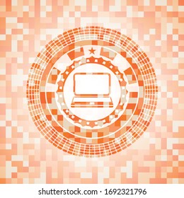 laptop icon inside abstract orange mosaic emblem