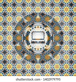 laptop icon inside arabesque style emblem. arabic decoration.