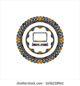 laptop icon inside arabesque style emblem. arabic decoration.