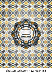 laptop icon inside arabic badge background. Arabesque decoration.