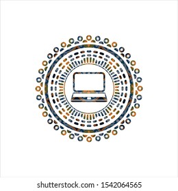 laptop icon inside arabic badge background. Arabesque decoration.
