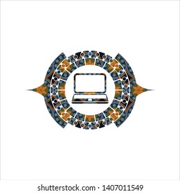 laptop icon inside arabic emblem background. Arabesque decoration.