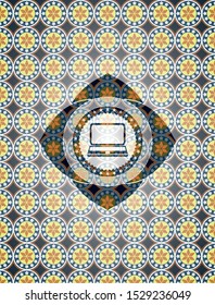 laptop icon inside arabic emblem background. Arabesque decoration.