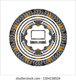 laptop icon inside arabic style emblem. Arabesque decoration.