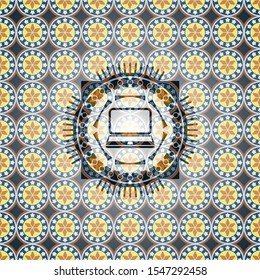 laptop icon inside arabic style badge. Arabesque decoration.