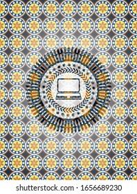laptop icon inside arabic style emblem. Arabesque decoration.