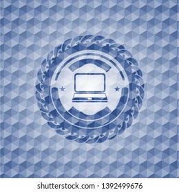 laptop icon inside blue emblem with geometric pattern background.