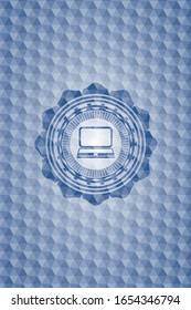 laptop icon inside blue emblem or badge with abstract geometric polygonal pattern background.